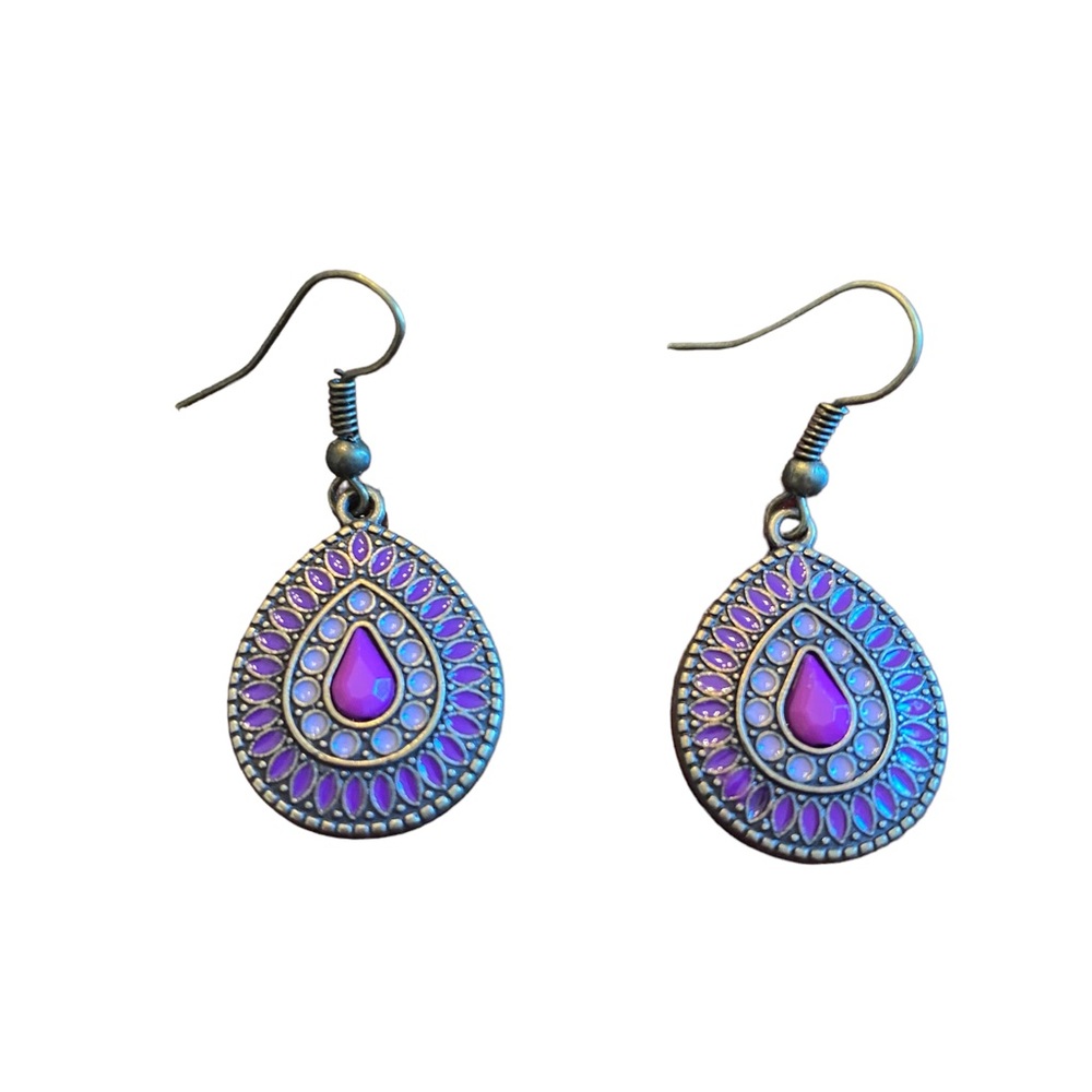 Boho Style Antique Gold and Purple Teardrop Drop Earrings